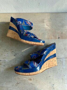 CASADEI Blue Floral Cork Sandals Wedges Size 10/11